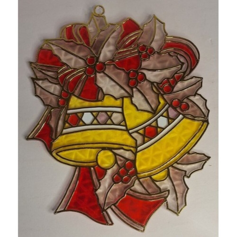 Vtg Plastic Faux Stained Glass Sun Catcher‎ Christmas Bells Red Ribbon 9 Inches